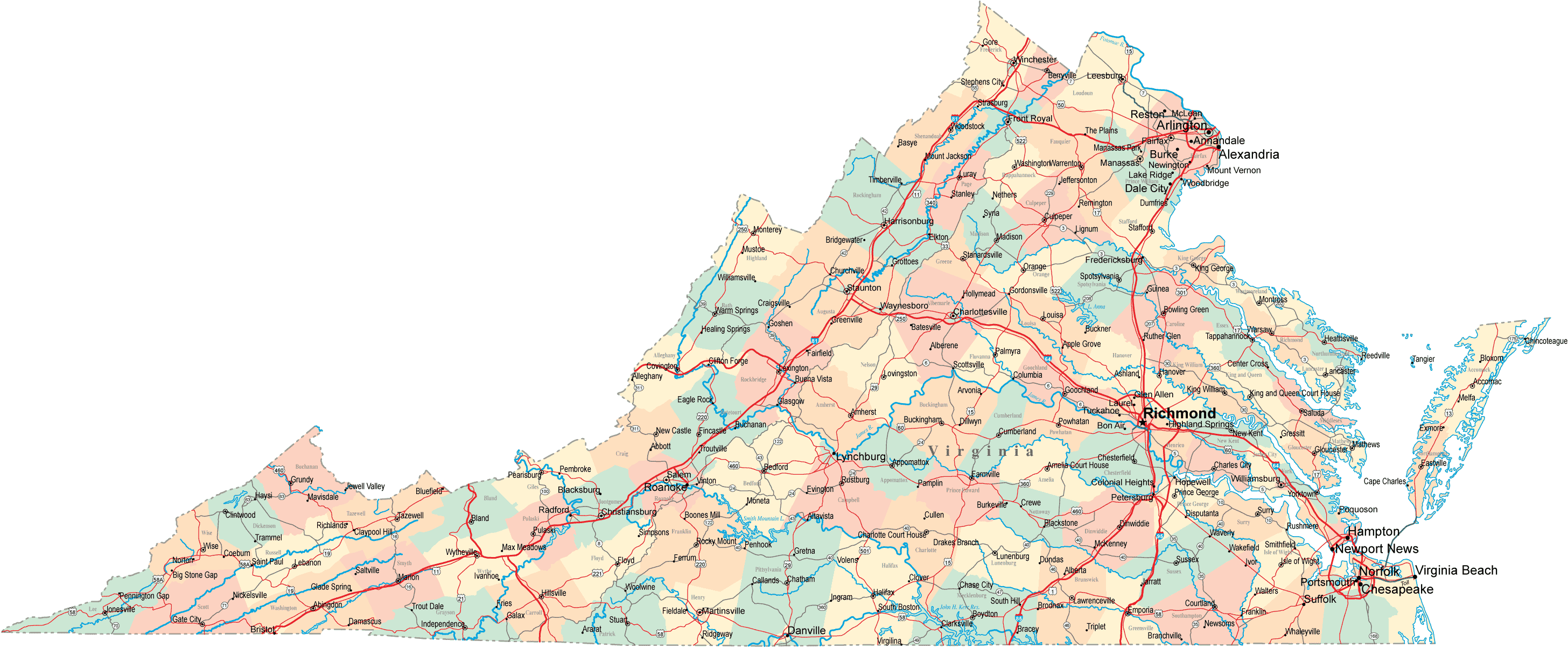 Virginia County Map With Roads Virginia Road Map   VA Road Map   Virginia Highway Map